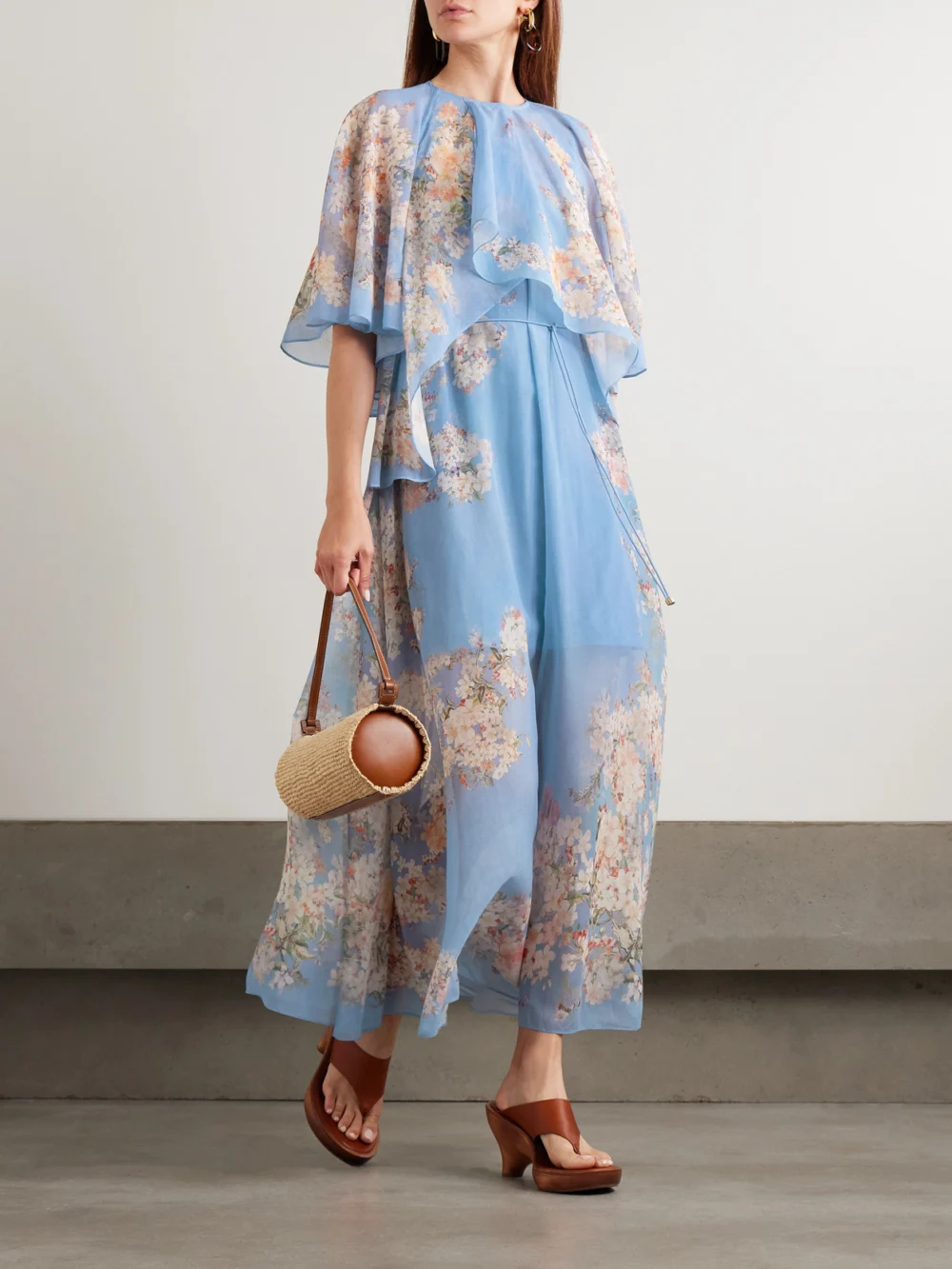 Zimmermann Cascadian Tiered Ruffled Floral-print Recycled-georgette Maxi Dress, worn by a model