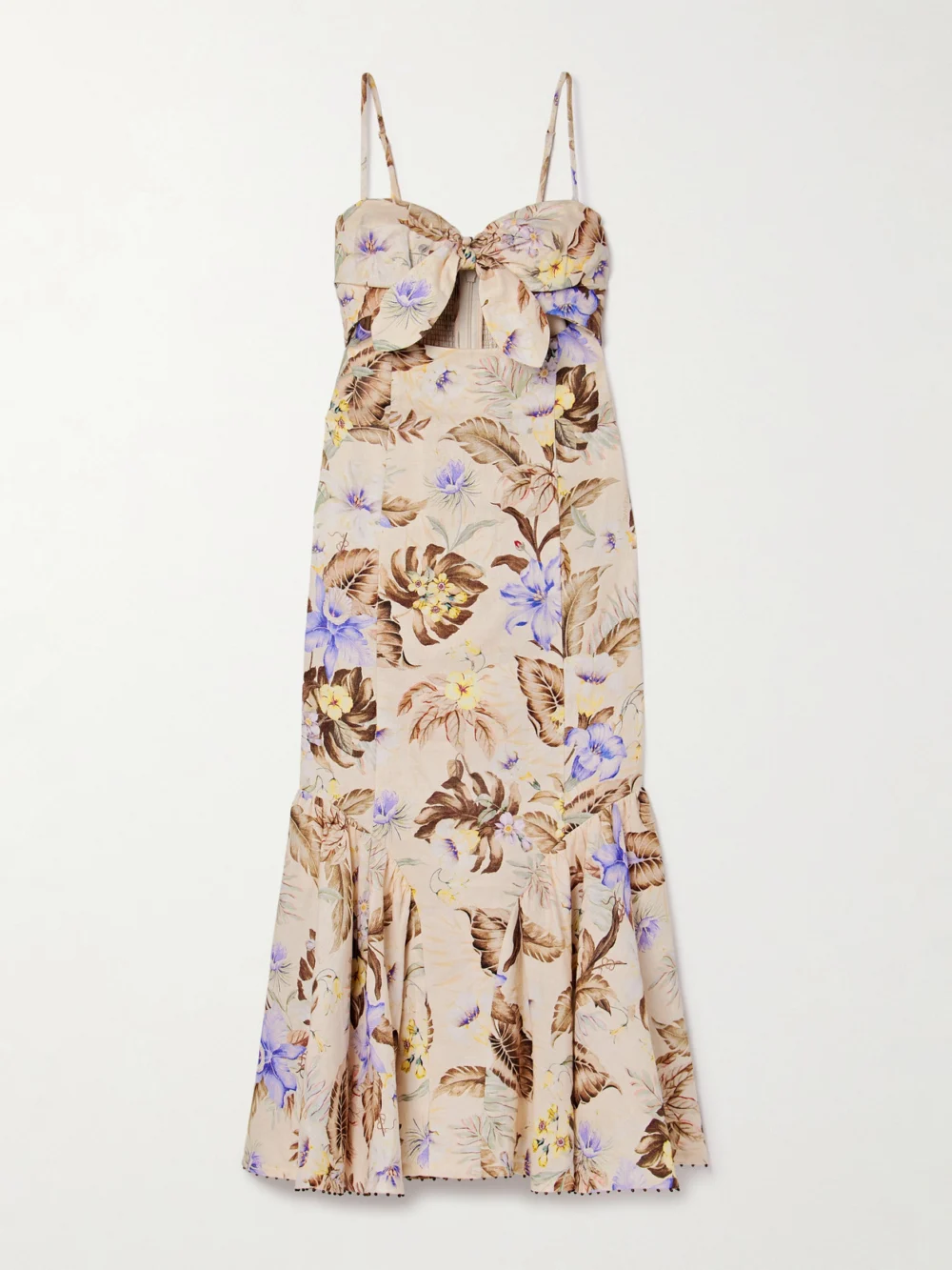 Zimmermann Coco Bow-embellished Cutout Floral-print Linen Midi Dress in beige
