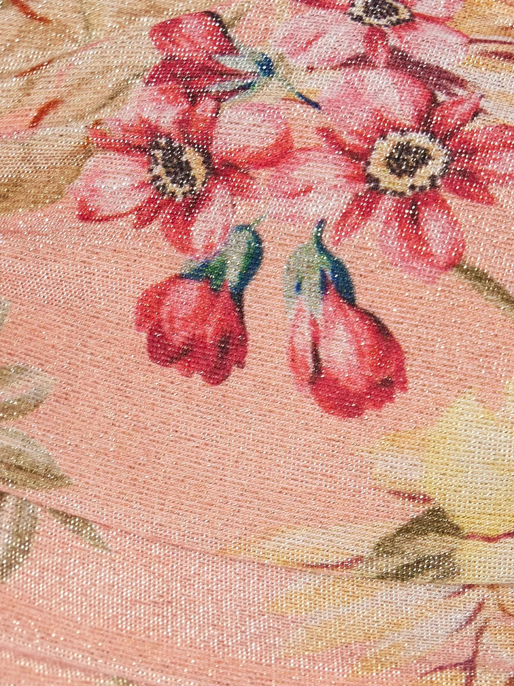 Close-up detail of the Zimmermann Coco Tie-detailed Floral-print Metallic Bandeau Bikini Top