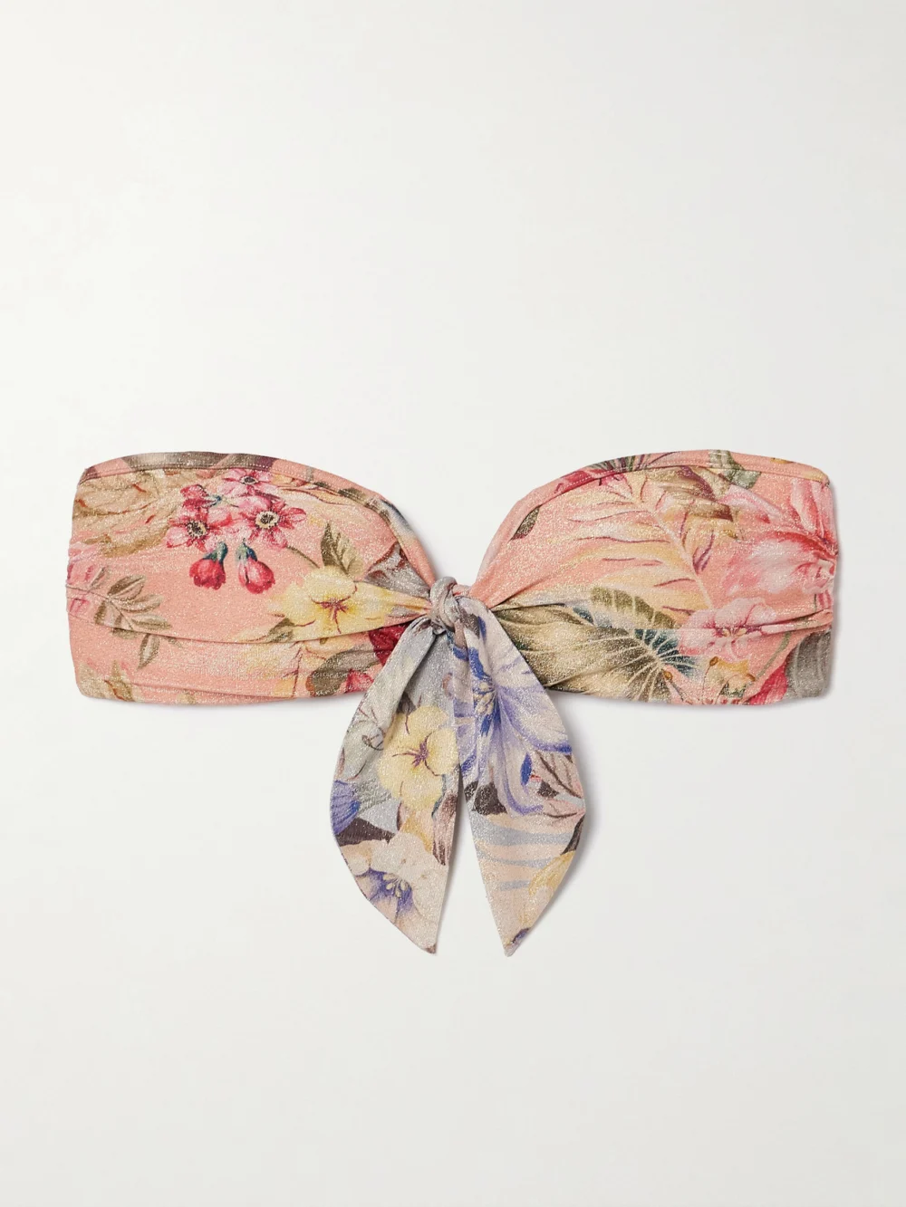 Zimmermann Coco Tie-detailed Floral-print Metallic Bandeau Bikini Top in pink