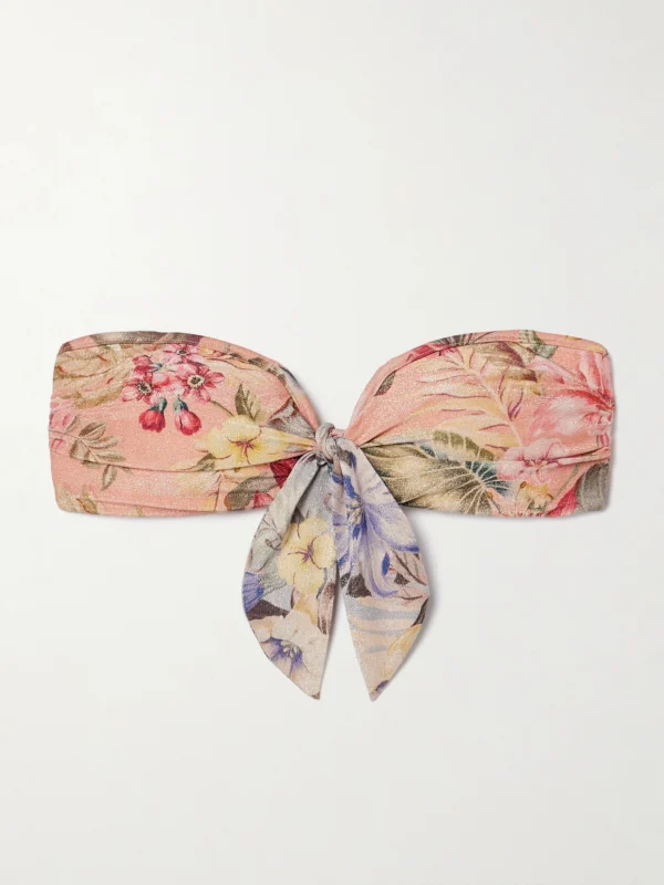 Zimmermann Coco Tie-detailed Floral-print Metallic Bandeau Bikini Top
