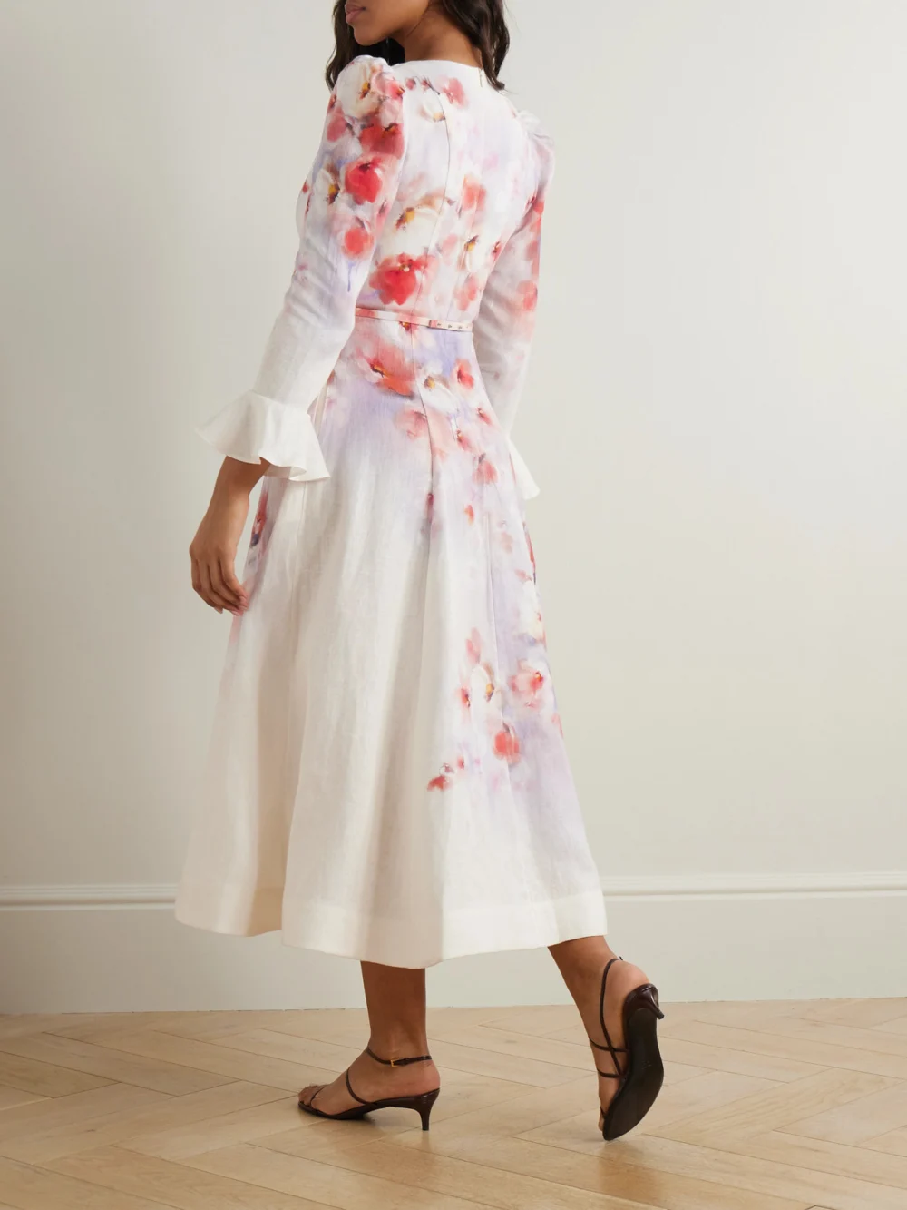 Back view of the Zimmermann Crush Belted Floral-print Linen Midi Dress