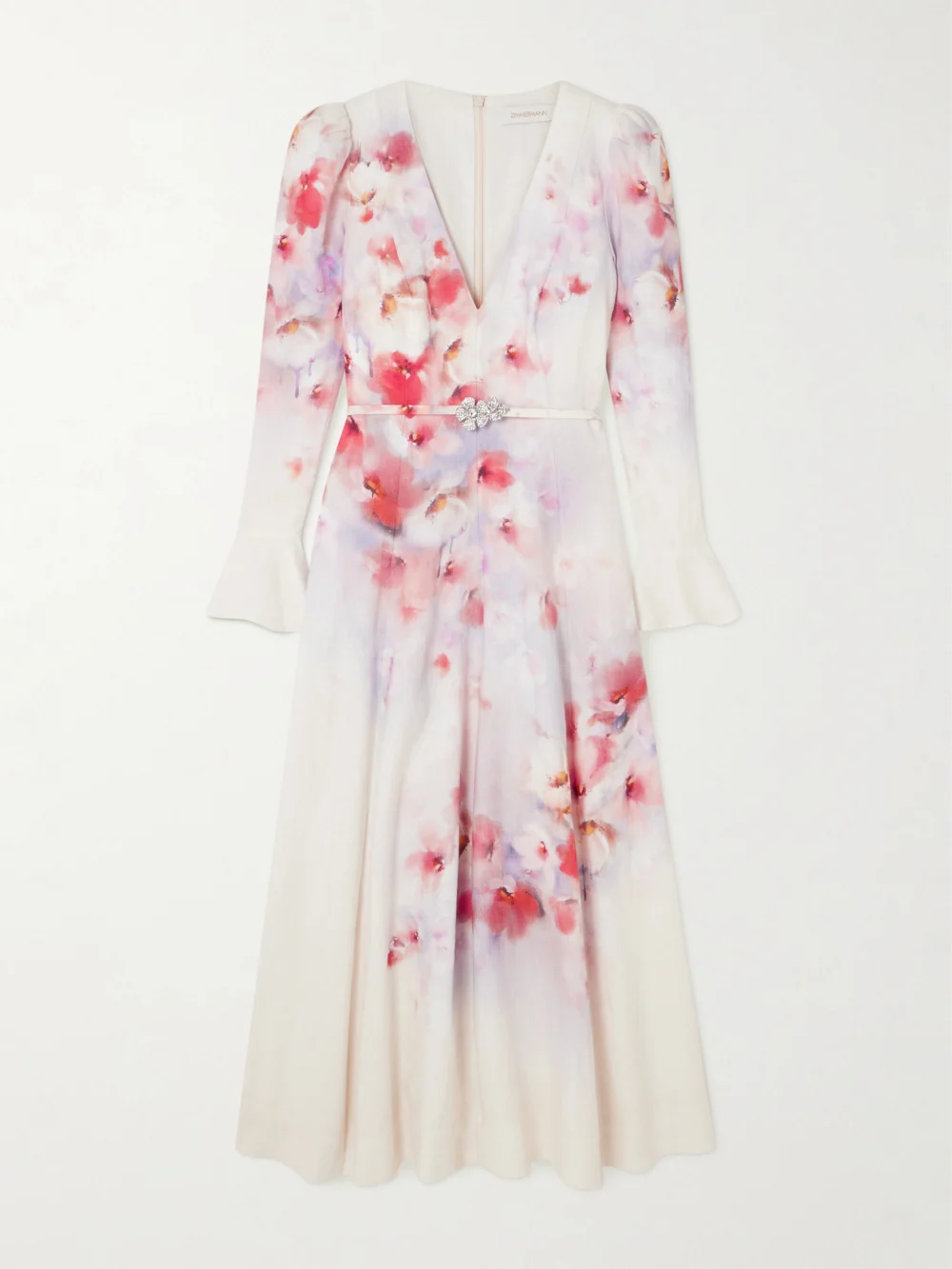 Zimmermann Crush Belted Floral-print Linen Midi Dress in cream