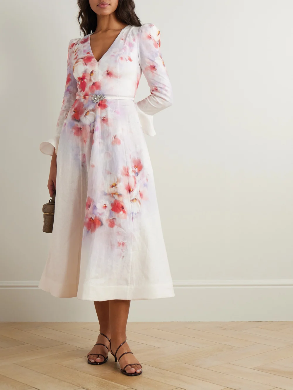 Zimmermann Crush Belted Floral-print Linen Midi Dress, worn by a model