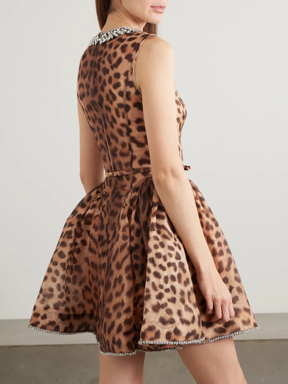 Back view of the Zimmermann Crush Crystal-embellished Paneled Leopard-print Linen and Silk-blend Mini Dress