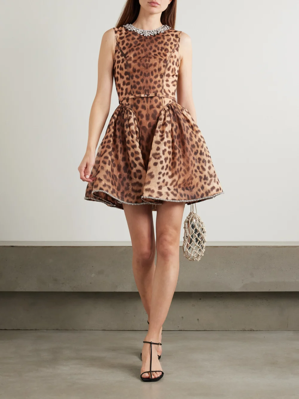 Zimmermann Crush Crystal-embellished Paneled Leopard-print Linen and Silk-blend Mini Dress, worn by a model