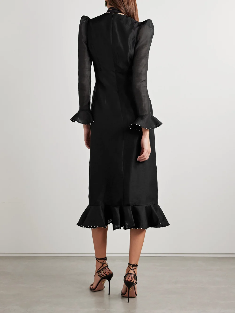 Back view of the Zimmermann Crush Embellished Linen and Silk-blend Midi Dress