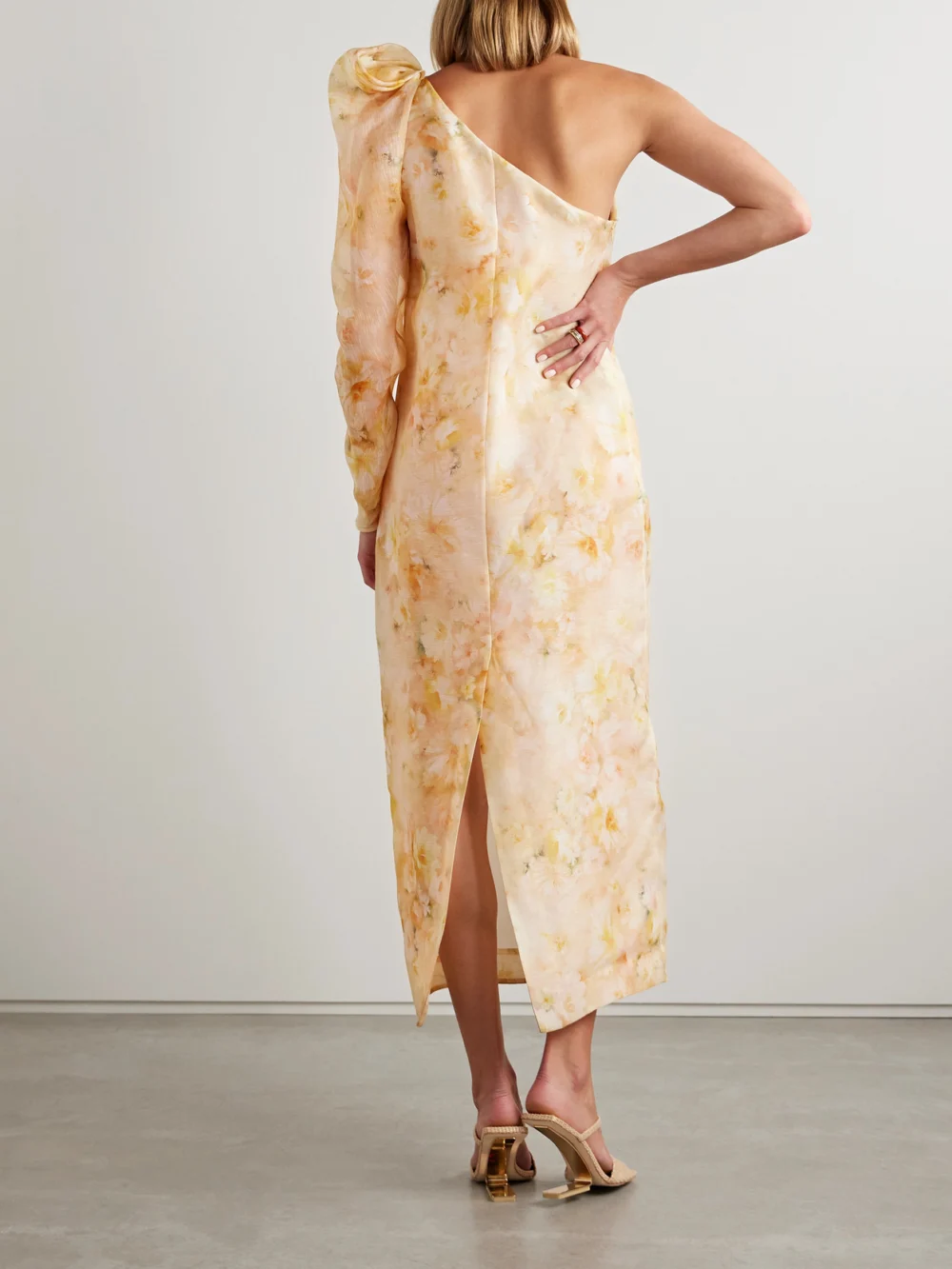 Back view of the Zimmermann Crush One-sleeve Floral-print Linen and Silk-blend Midi Dress