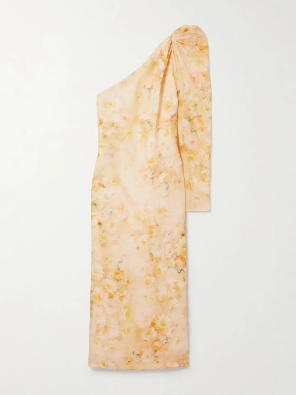 Zimmermann Crush One-sleeve Floral-print Linen and Silk-blend Midi Dress in yellow