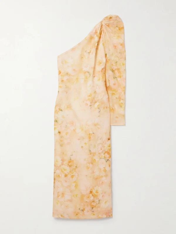 Zimmermann Crush One-sleeve Floral-print Linen and Silk-blend Midi Dress