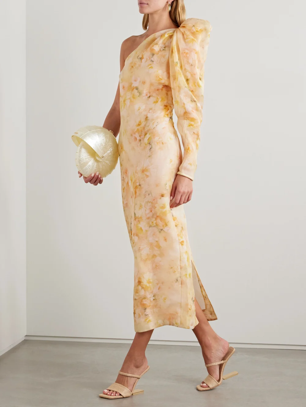 Zimmermann Crush One-sleeve Floral-print Linen and Silk-blend Midi Dress, worn by a model