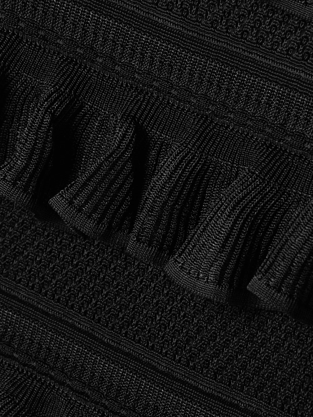 Close-up detail of the Zimmermann Crush Paneled Ruffled Ribbed-knit and Crochet Mini Dress