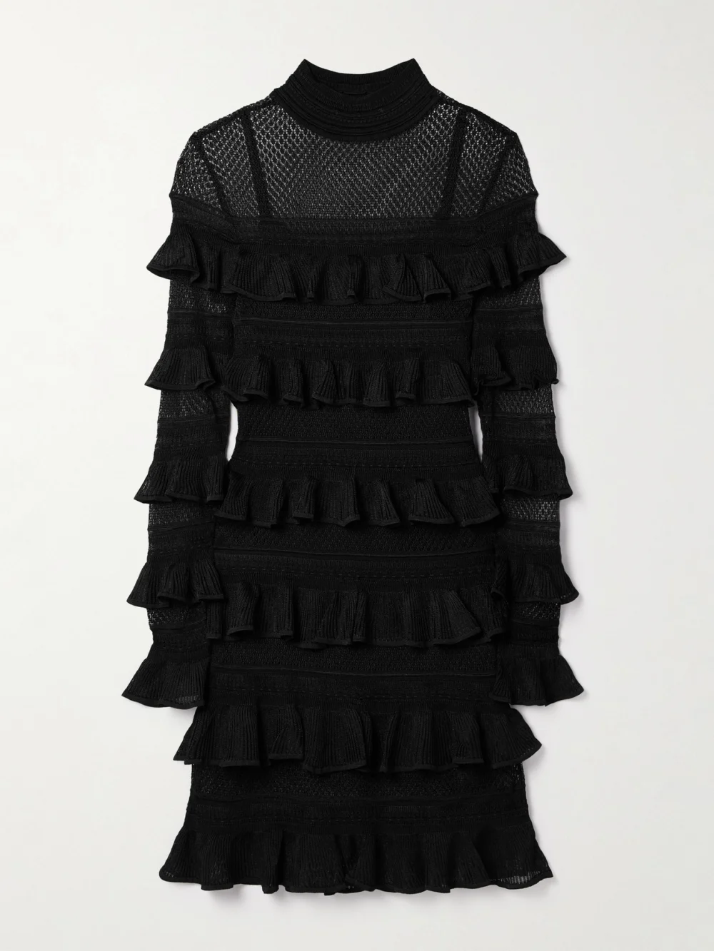 Zimmermann Crush Paneled Ruffled Ribbed-knit and Crochet Mini Dress in black