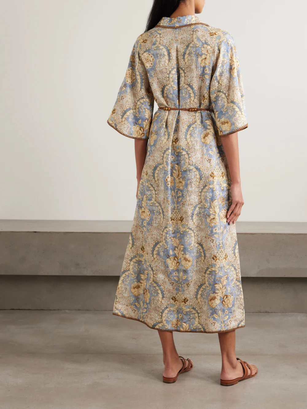 Back view of the Zimmermann Daylight Belted Printed Linen Midi Dress