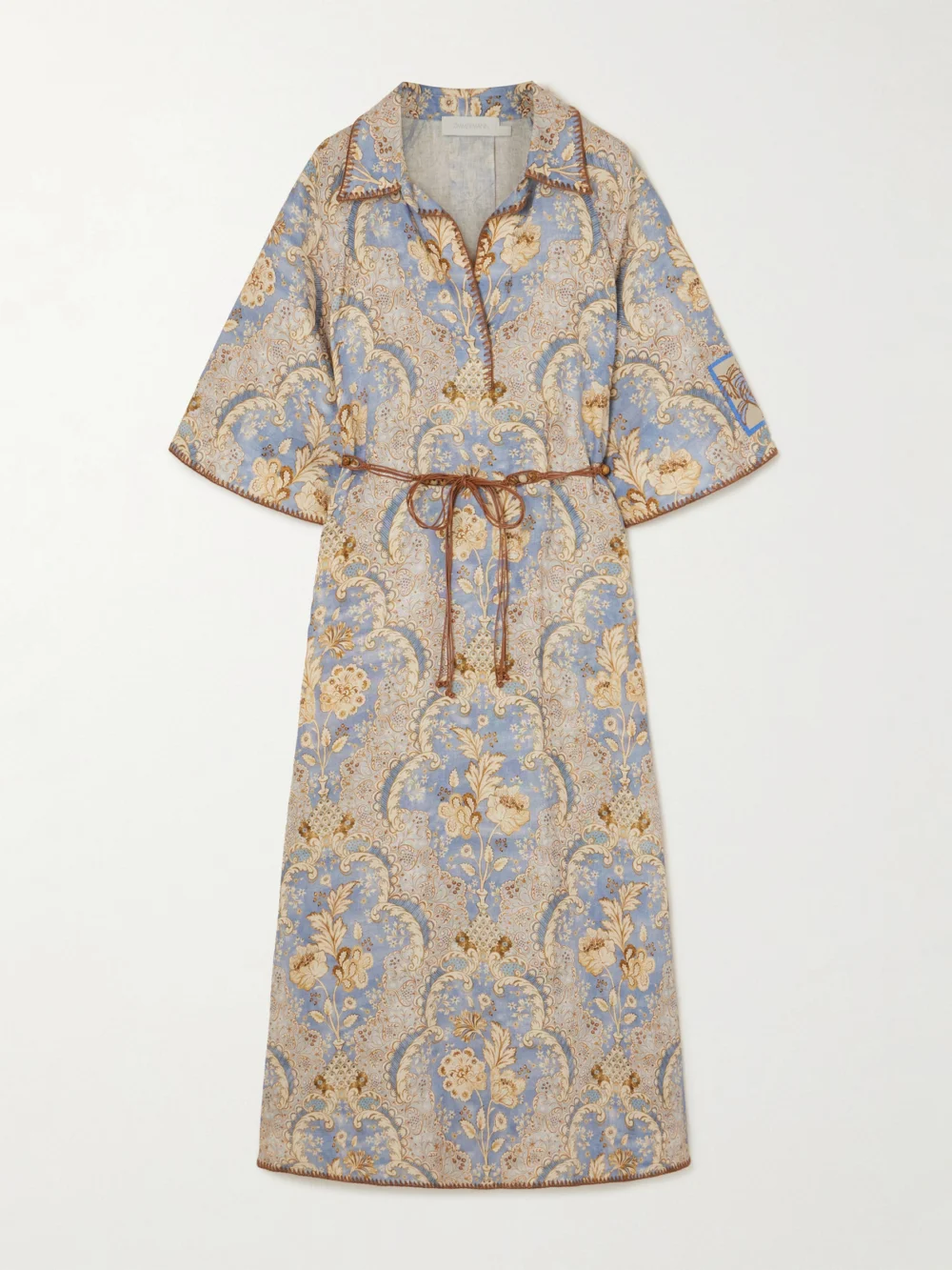 Zimmermann Daylight Belted Printed Linen Midi Dress in light blue