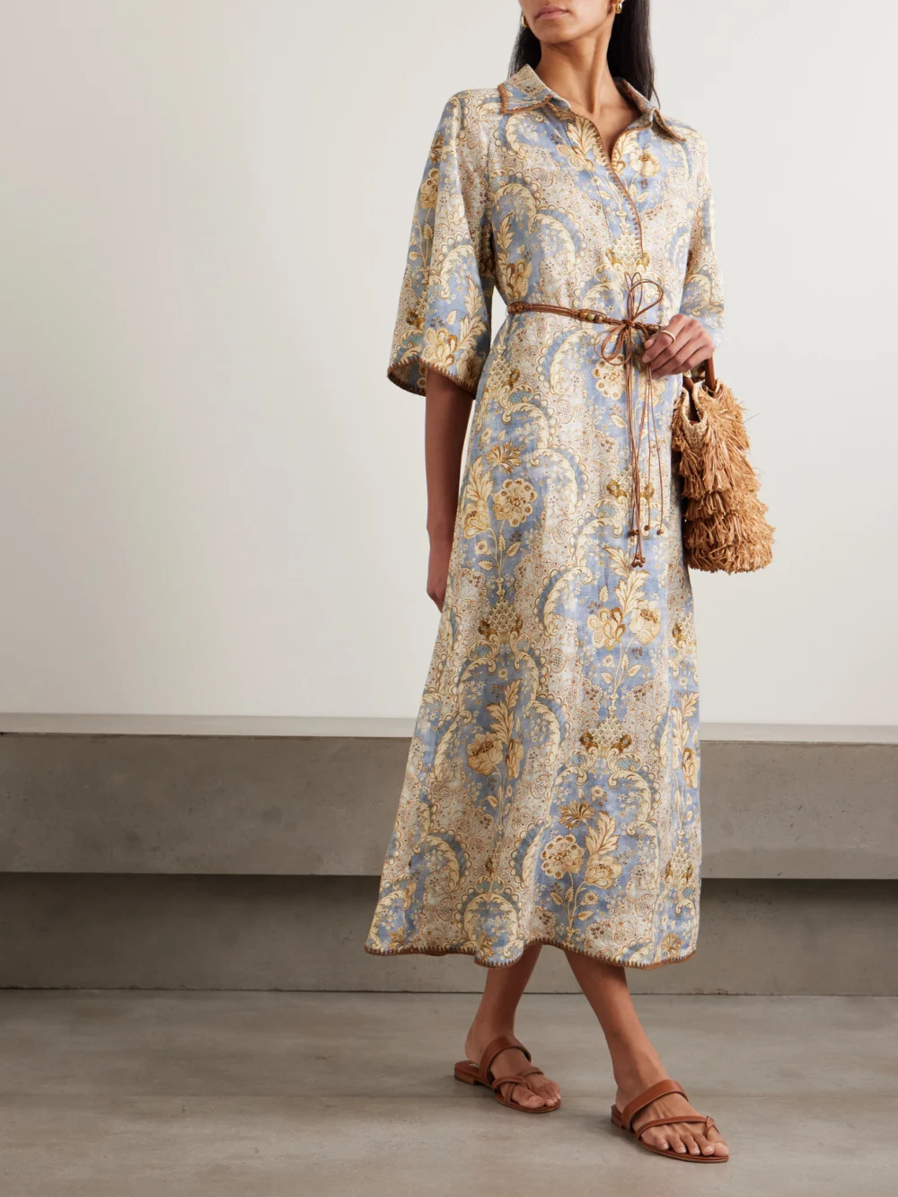 Zimmermann Daylight Belted Printed Linen Midi Dress, worn by a model