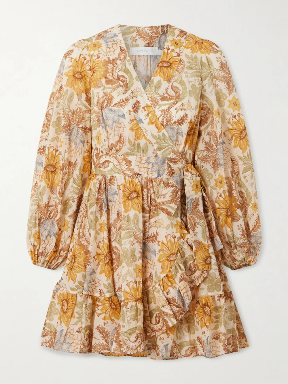 Zimmermann Daylight Ruffled Floral-print Cotton-voile Mini Wrap Dress in yellow