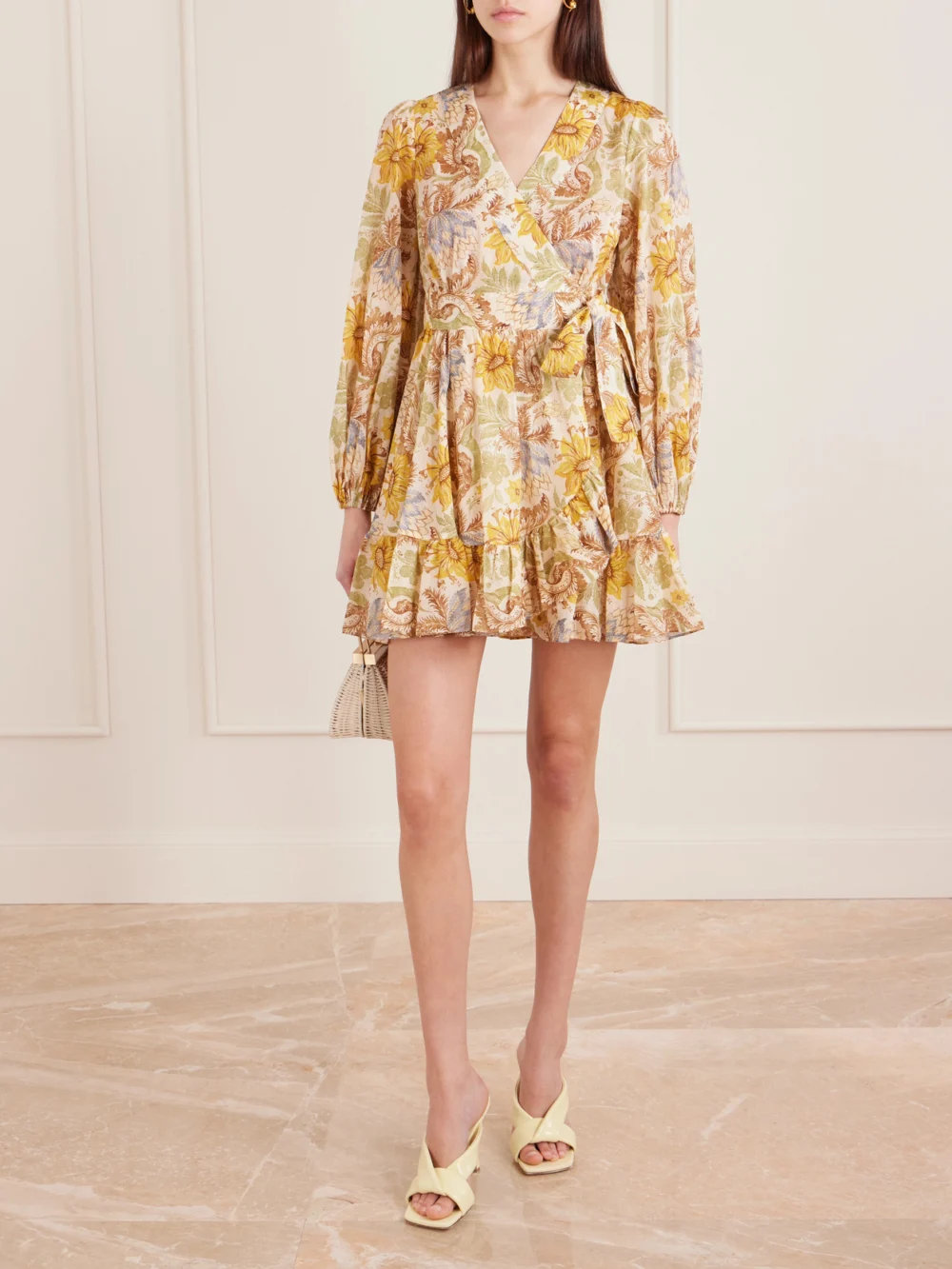 Zimmermann Daylight Ruffled Floral-print Cotton-voile Mini Wrap Dress, worn by a model