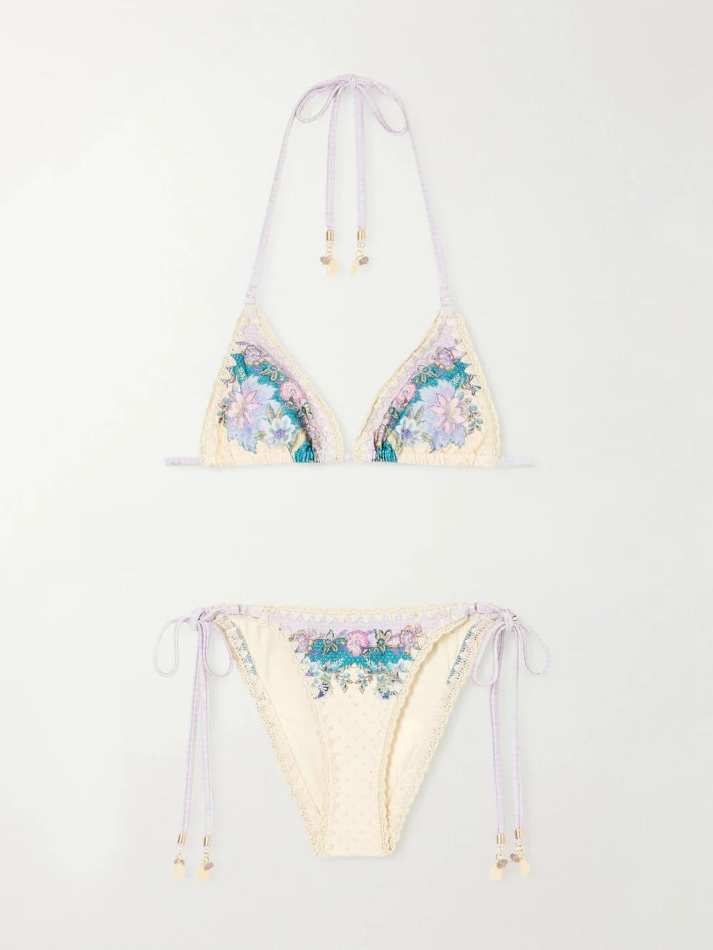 Zimmermann Floral-print Crochet-trimmed Bikini Top in ivory