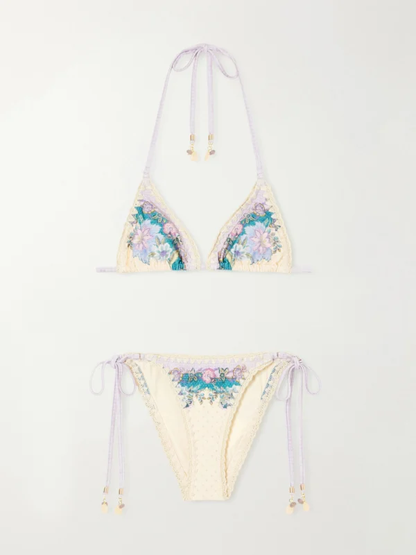 Zimmermann Floral-print Crochet-trimmed Bikini Top