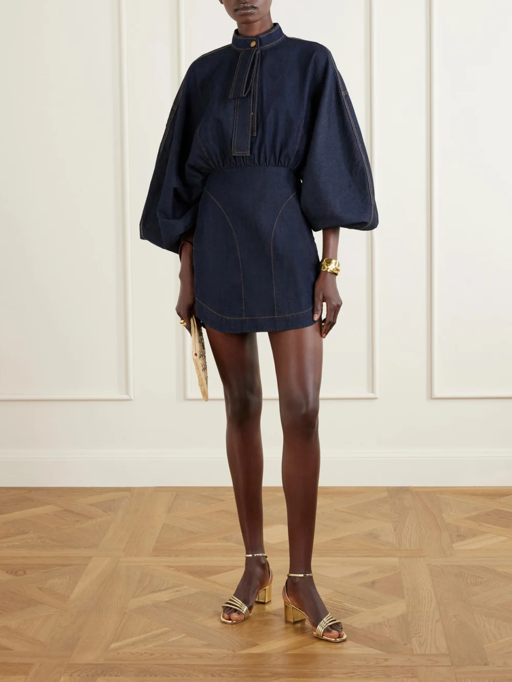 Zimmermann Gathered Denim Mini Dress, worn by a model