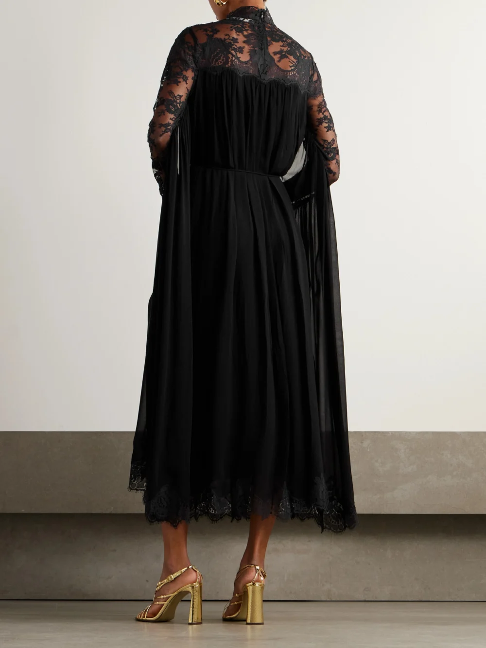 Back view of the Zimmermann Gathered Lace-trimmed Crepe Midi Dress