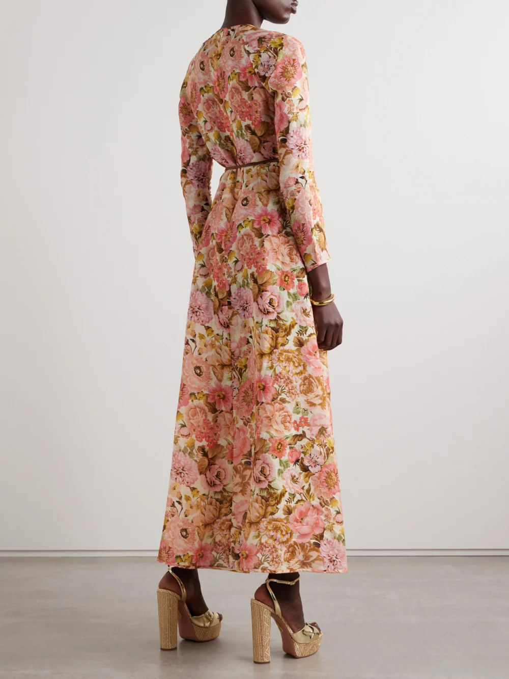 Back view of the Zimmermann Golden Belted Floral-print Linen Maxi Dress