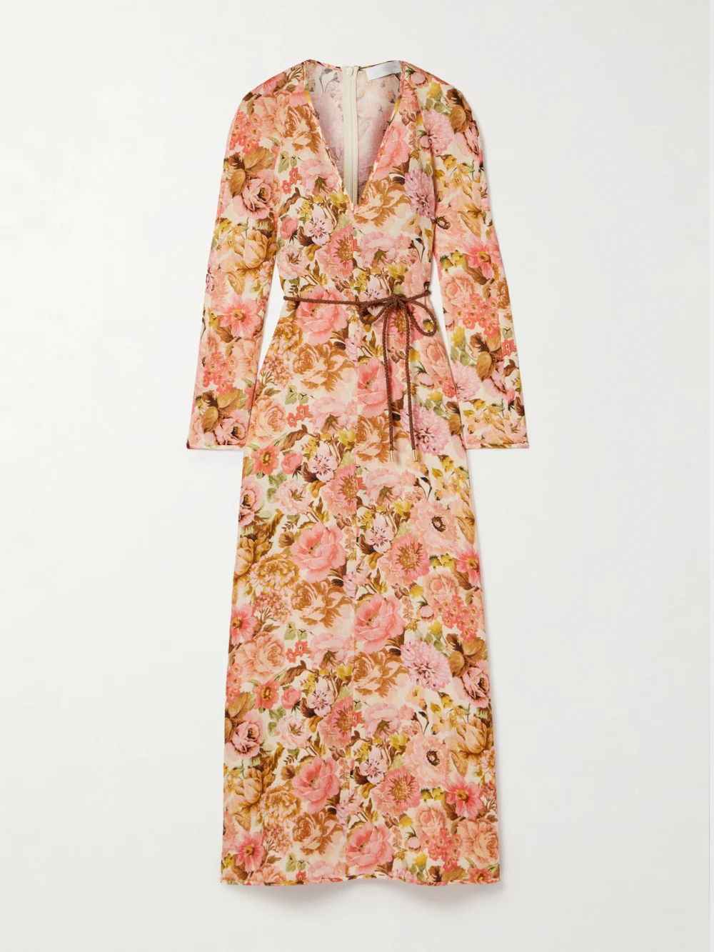 Zimmermann Golden Belted Floral-print Linen Maxi Dress in pink