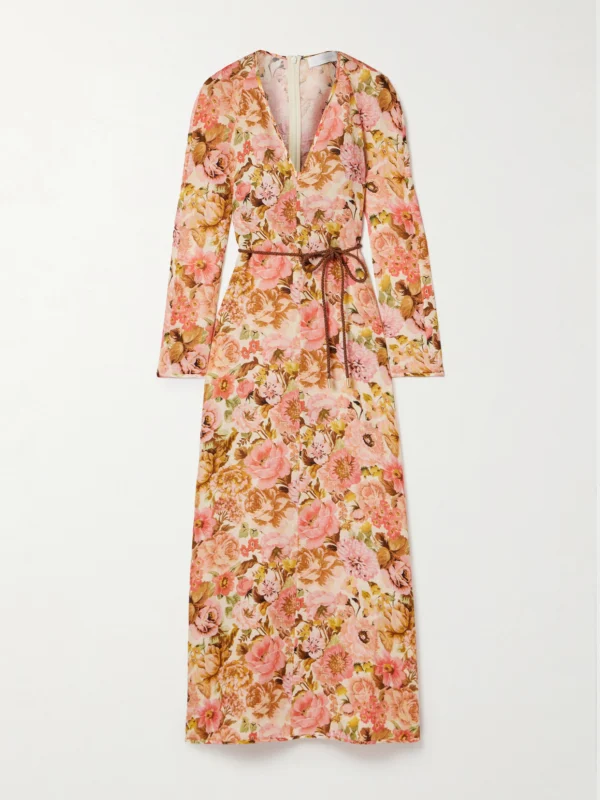 Zimmermann Golden Belted Floral-print Linen Maxi Dress