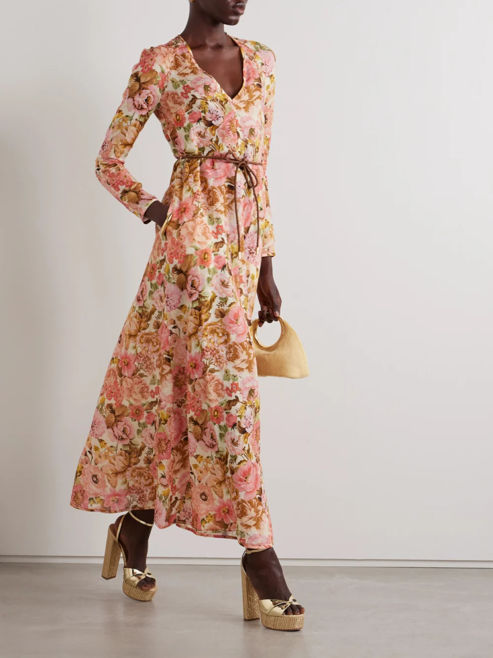 Zimmermann Golden Belted Floral-print Linen Maxi Dress, worn by a model