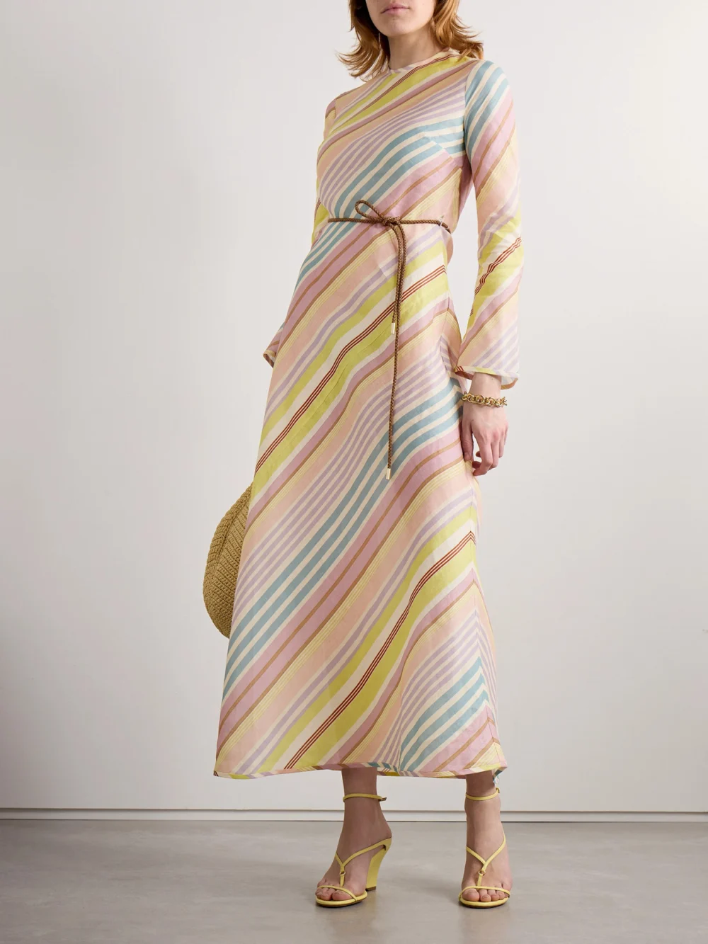 Zimmermann Halliday Belted Striped Linen Maxi Dress, worn by a model