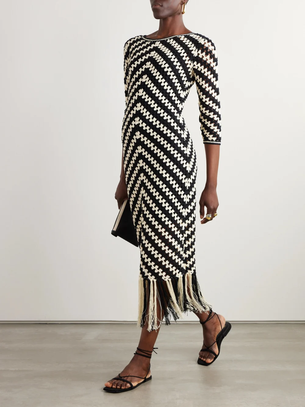 Zimmermann Halliday Fringed Crocheted Cotton Midi Dress, worn by a model