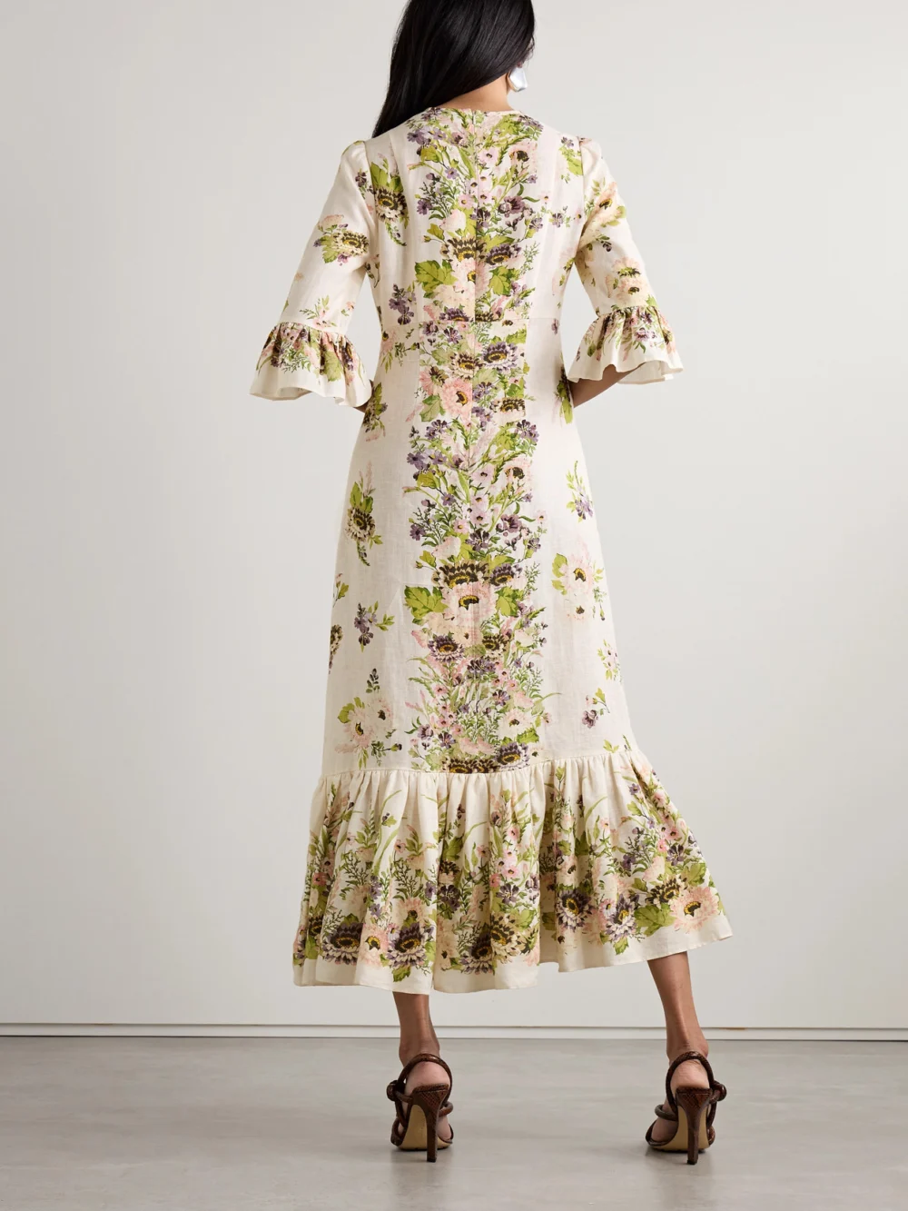 Back view of the Zimmermann Halliday Ruffled Floral-print Linen Midi Dress