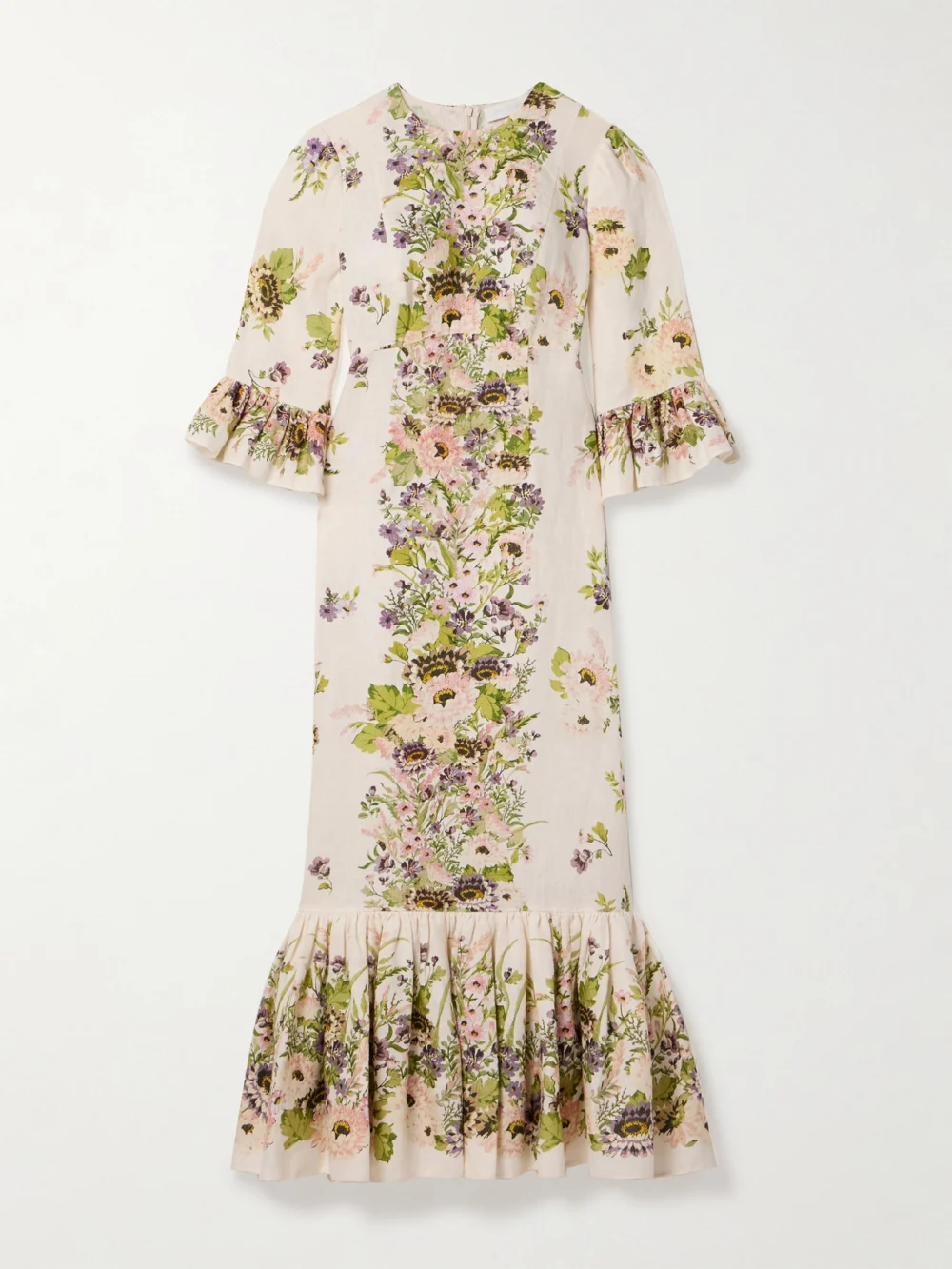 Zimmermann Halliday Ruffled Floral-print Linen Midi Dress in cream