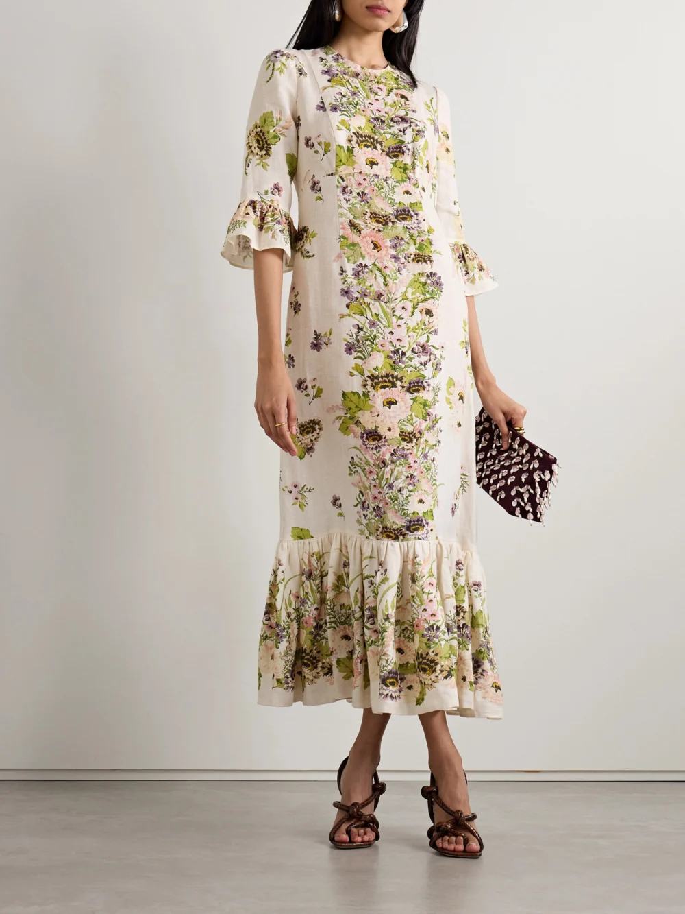 Zimmermann Halliday Ruffled Floral-print Linen Midi Dress, worn by a model