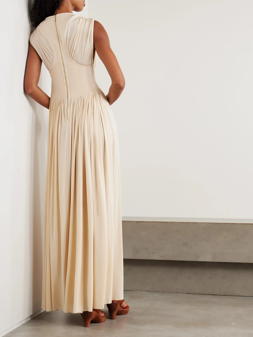 Back view of the Zimmermann Hypnotic Gathered Paneled Jersey Maxi Dress