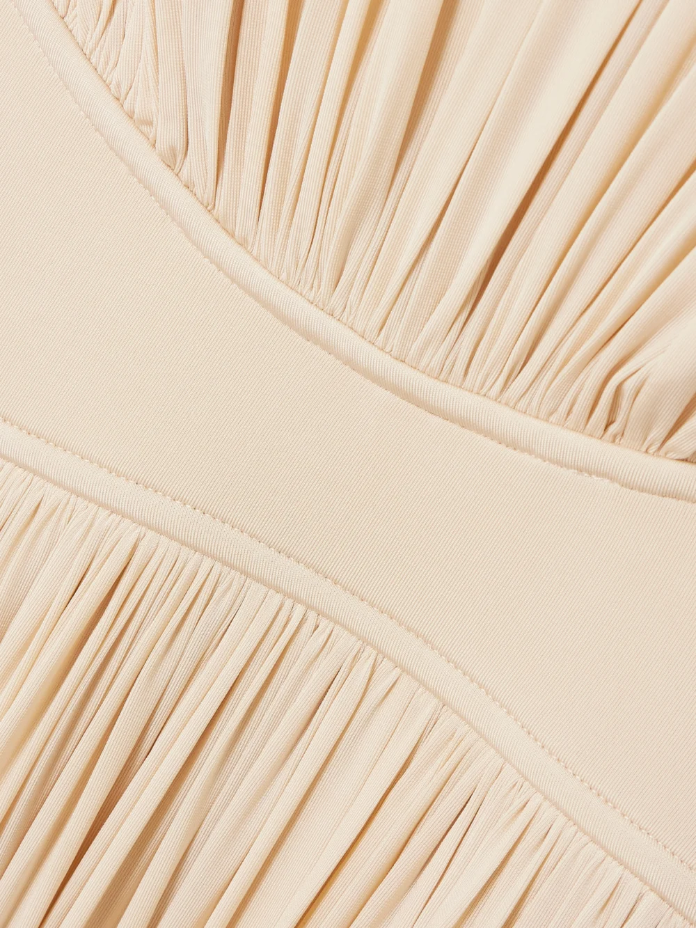 Close-up detail of the Zimmermann Hypnotic Gathered Paneled Jersey Maxi Dress