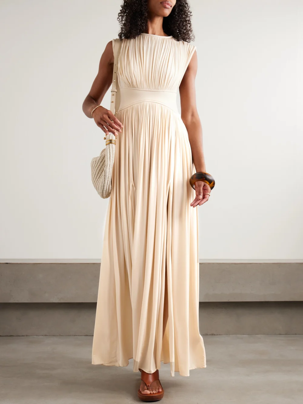 Zimmermann Hypnotic Gathered Paneled Jersey Maxi Dress, worn by a model