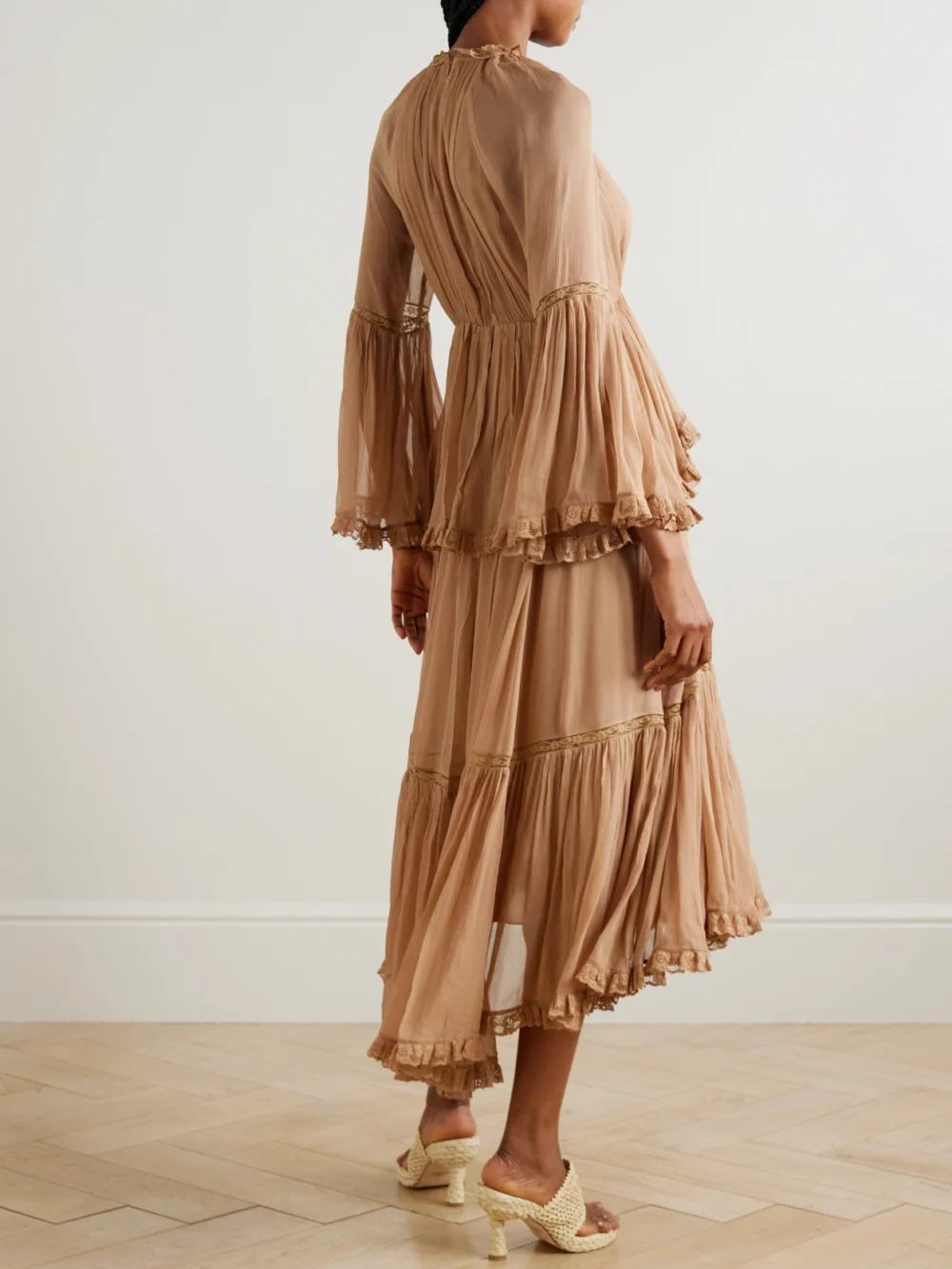 Back view of the Zimmermann Hypnotic Lace-trimmed Tiered Crepe De Chine Midi Dress