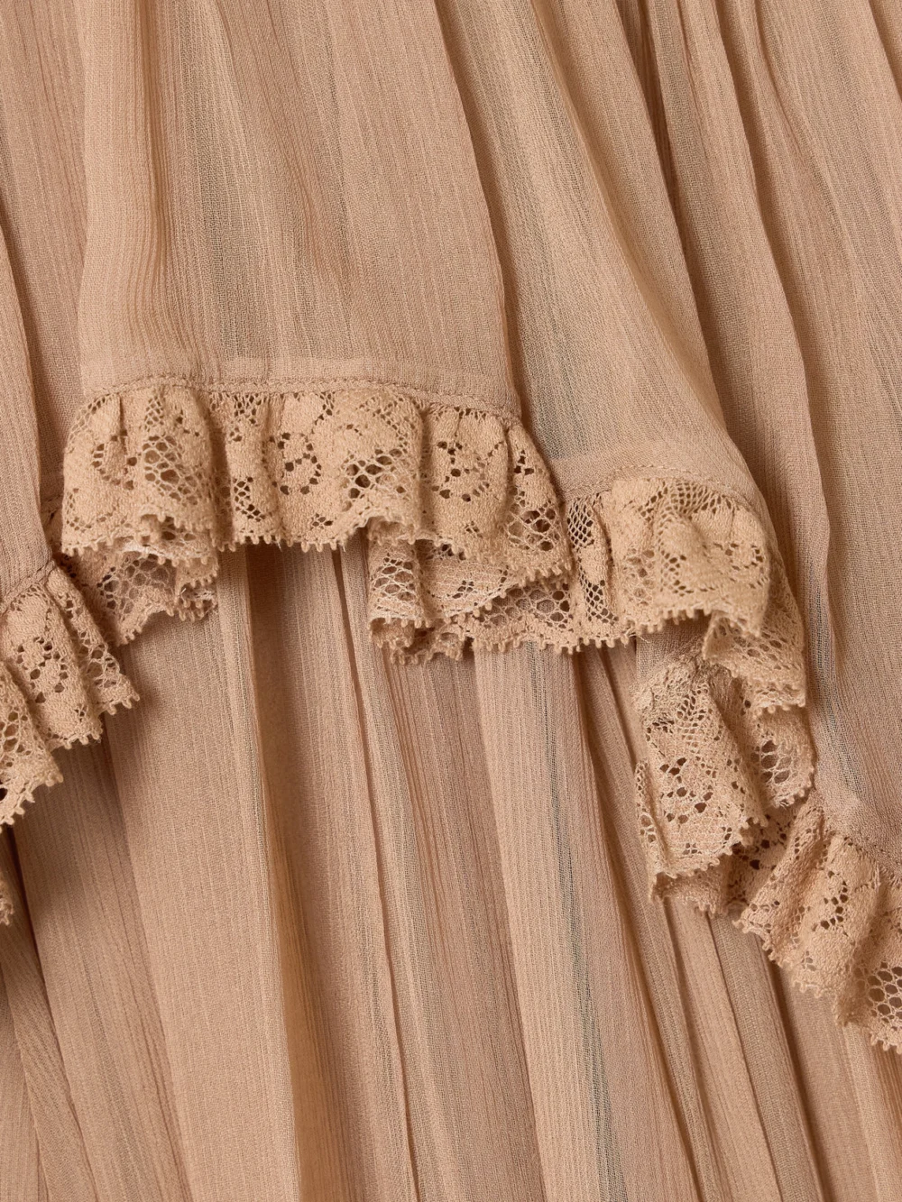 Close-up detail of the Zimmermann Hypnotic Lace-trimmed Tiered Crepe De Chine Midi Dress