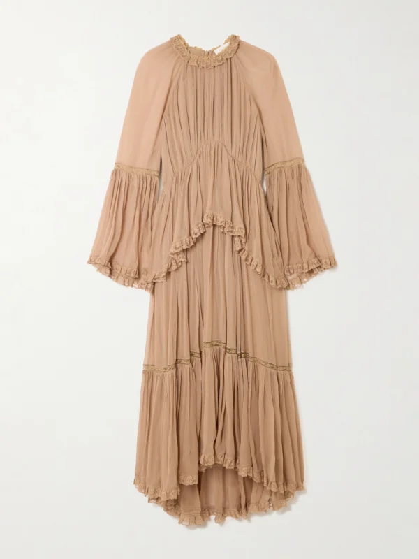 Zimmermann Hypnotic Lace-trimmed Tiered Crepe De Chine Midi Dress