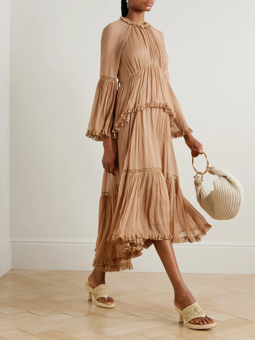 Zimmermann Hypnotic Lace-trimmed Tiered Crepe De Chine Midi Dress, worn by a model