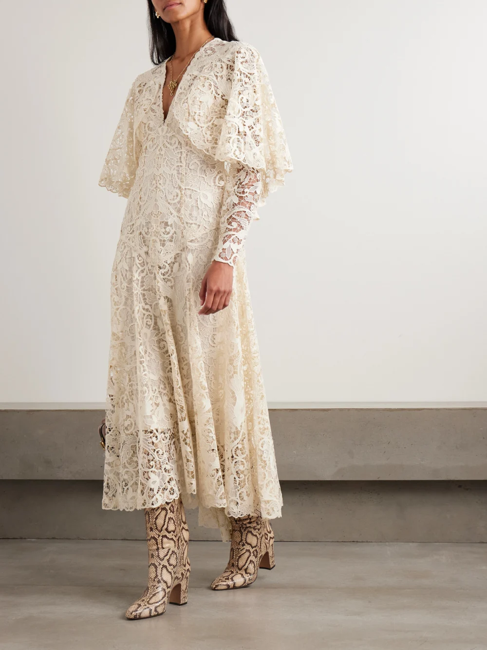 Zimmermann Hypnotic Memento Bird Cape-effect Guipure Lace Midi Dress, worn by a model