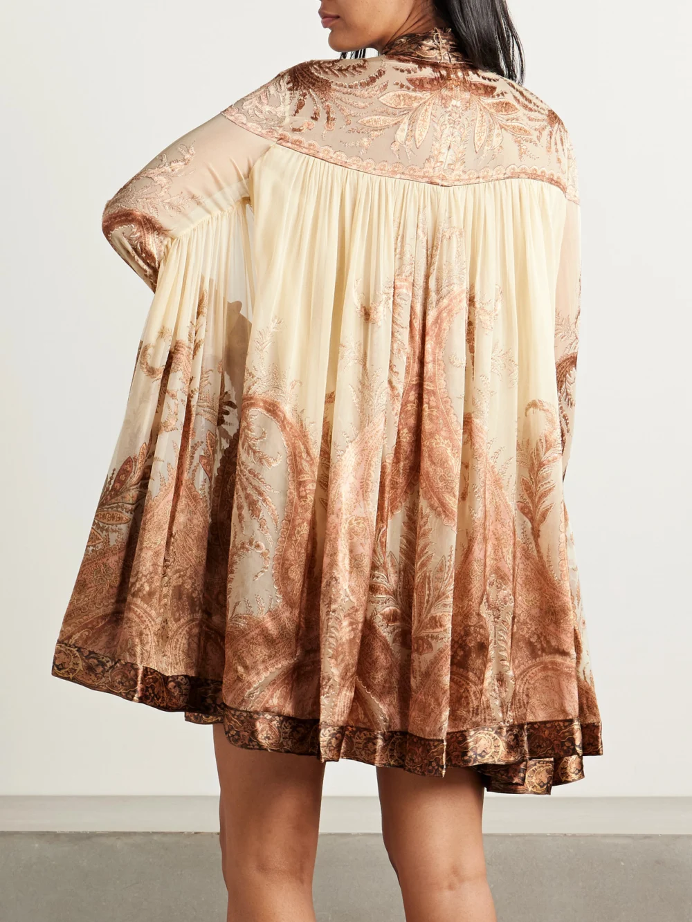 Back view of the Zimmermann Hypnotic Tie-neck Paisley-print Devoré-velvet Mini Dress