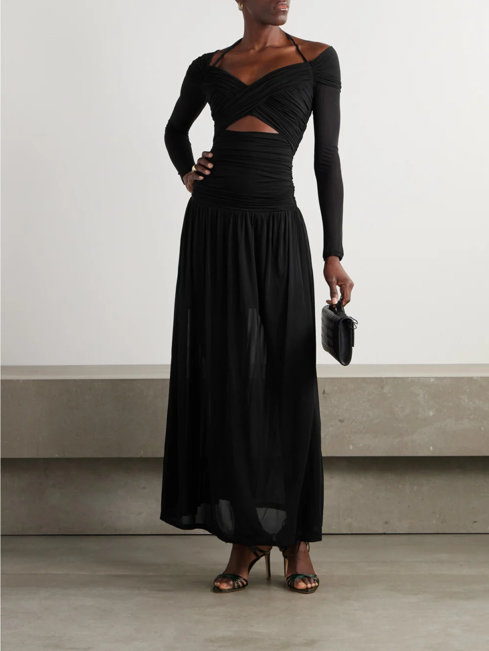 Zimmermann Illuminate Cold-shoulder Cutout Pleated Chiffon Halterneck Maxi Dress, worn by a model