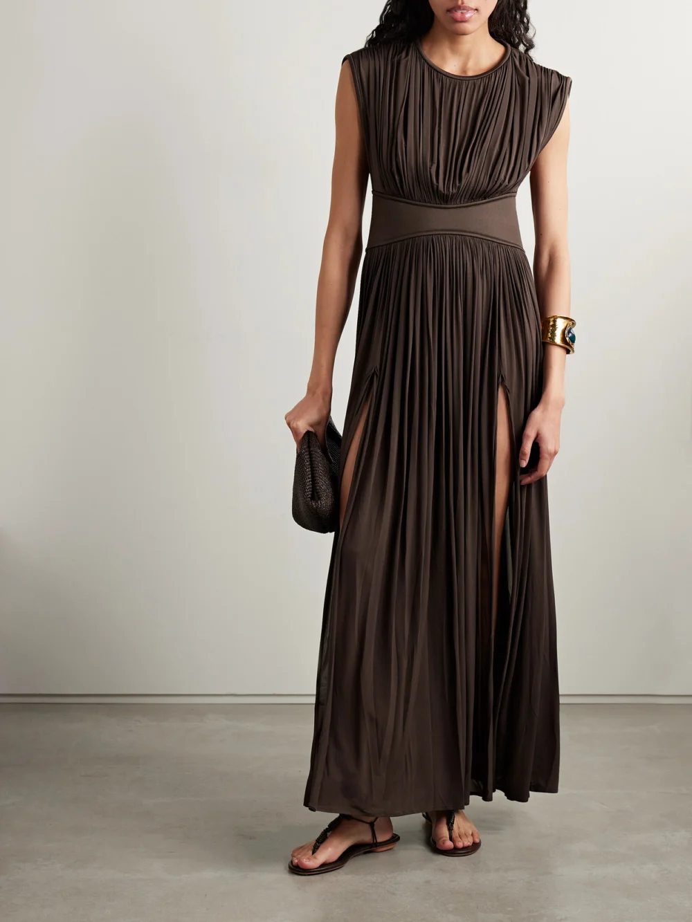 Zimmermann Illuminate Gathered Stretch-jersey Maxi Dress, worn by a model