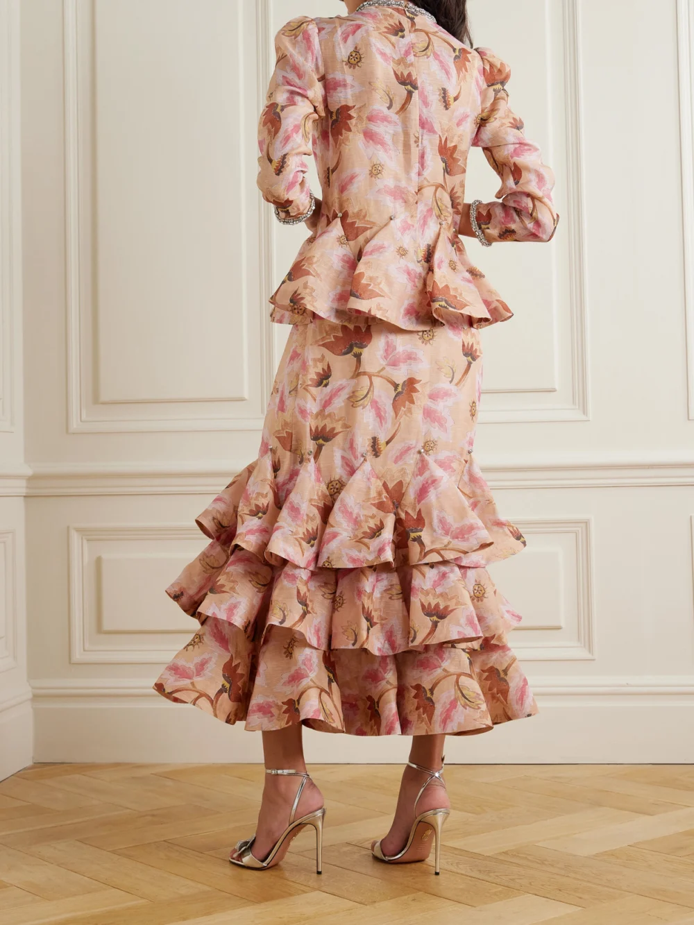 Back view of the Zimmermann Illustration Crystal-embellished Tiered Floral-print Linen and Silk-blend Maxi Dress