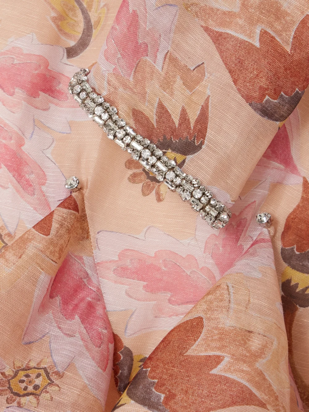 Close-up detail of the Zimmermann Illustration Crystal-embellished Tiered Floral-print Linen and Silk-blend Maxi Dress