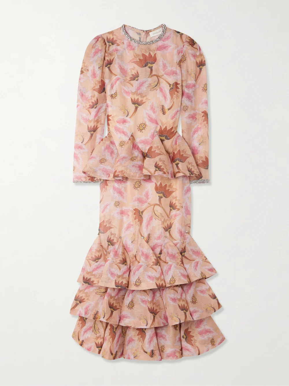 Zimmermann Illustration Crystal-embellished Tiered Floral-print Linen and Silk-blend Maxi Dress in pink