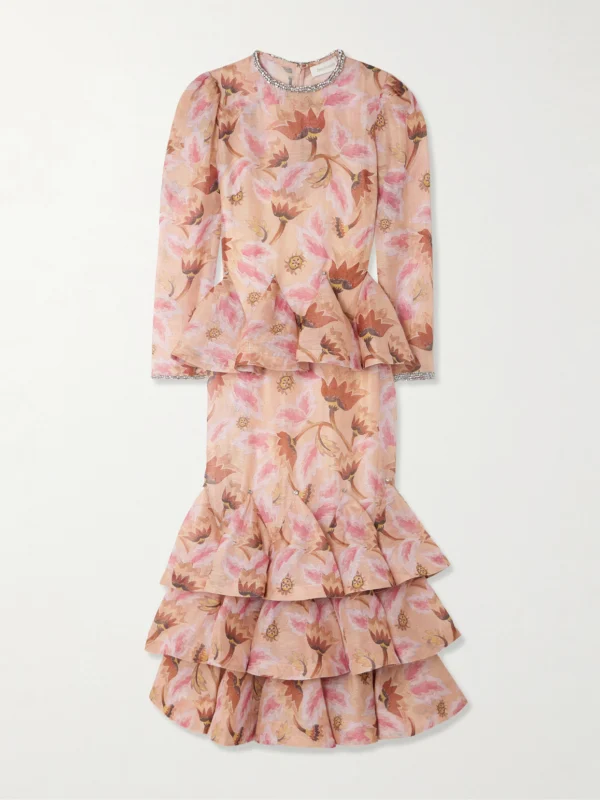 Zimmermann Illustration Crystal-embellished Tiered Floral-print Linen and Silk-blend Maxi Dress